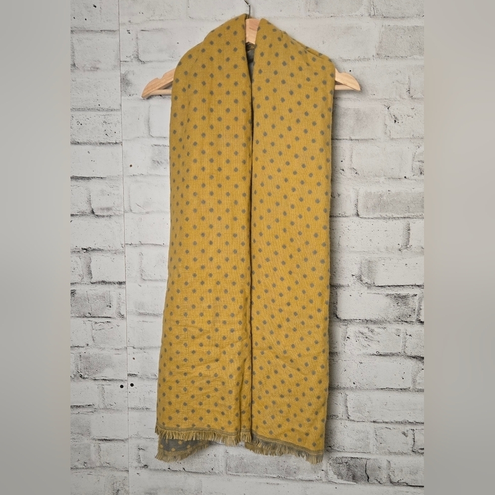 Reversible Mustard Yellow & Gray Polka Dot Scarf with Fringe Trim